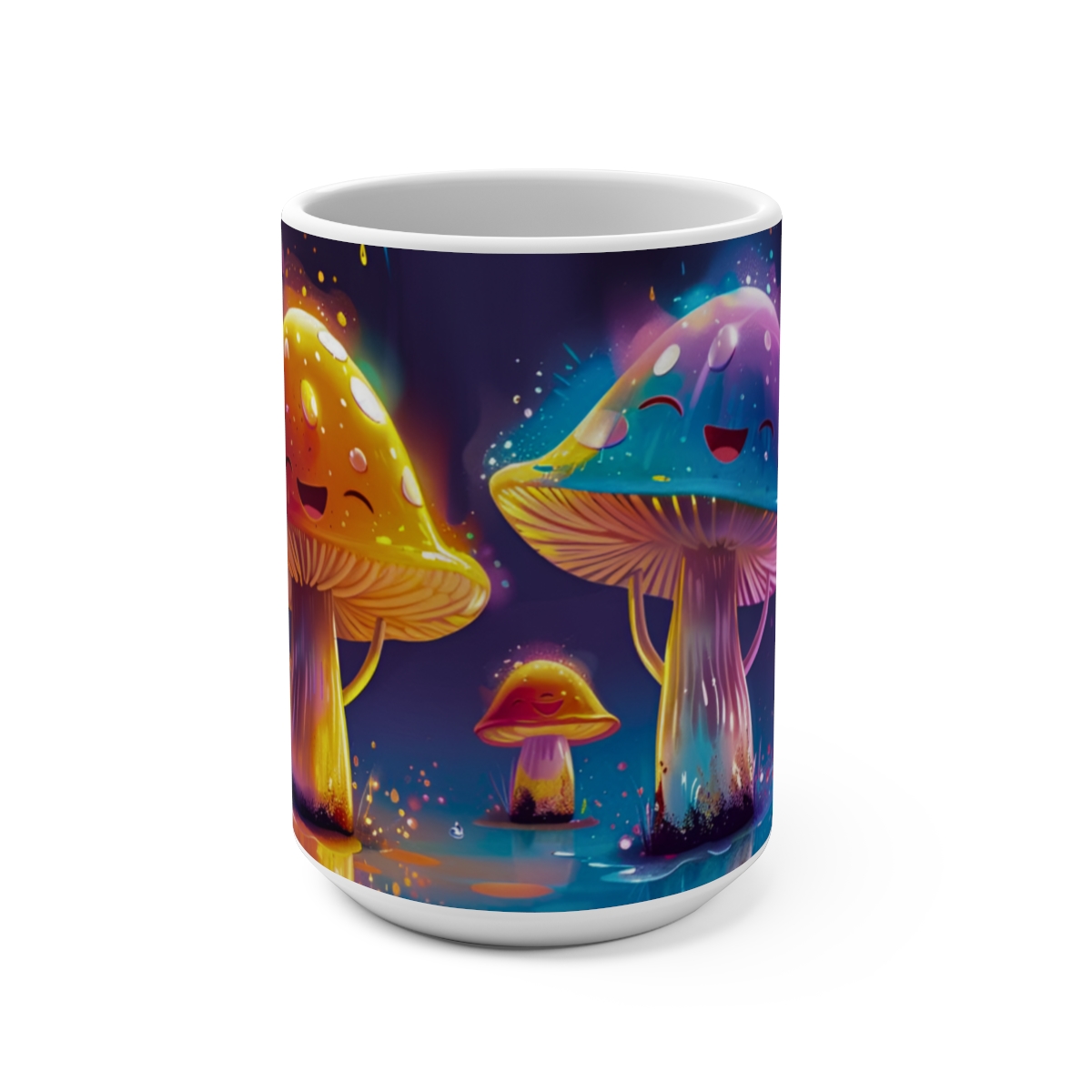 Happy Cartoon Mushrooms Trippy Large Ceramic Coffee Mug 15oz