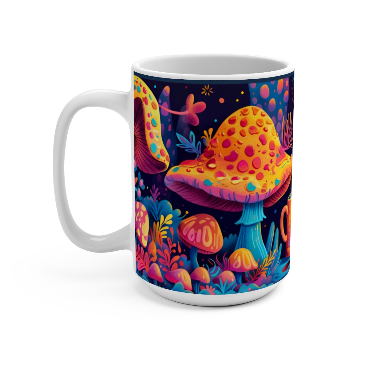 Happy Cartoon Mushrooms Trippy Large Ceramic Coffee Mug 15oz - Image 3
