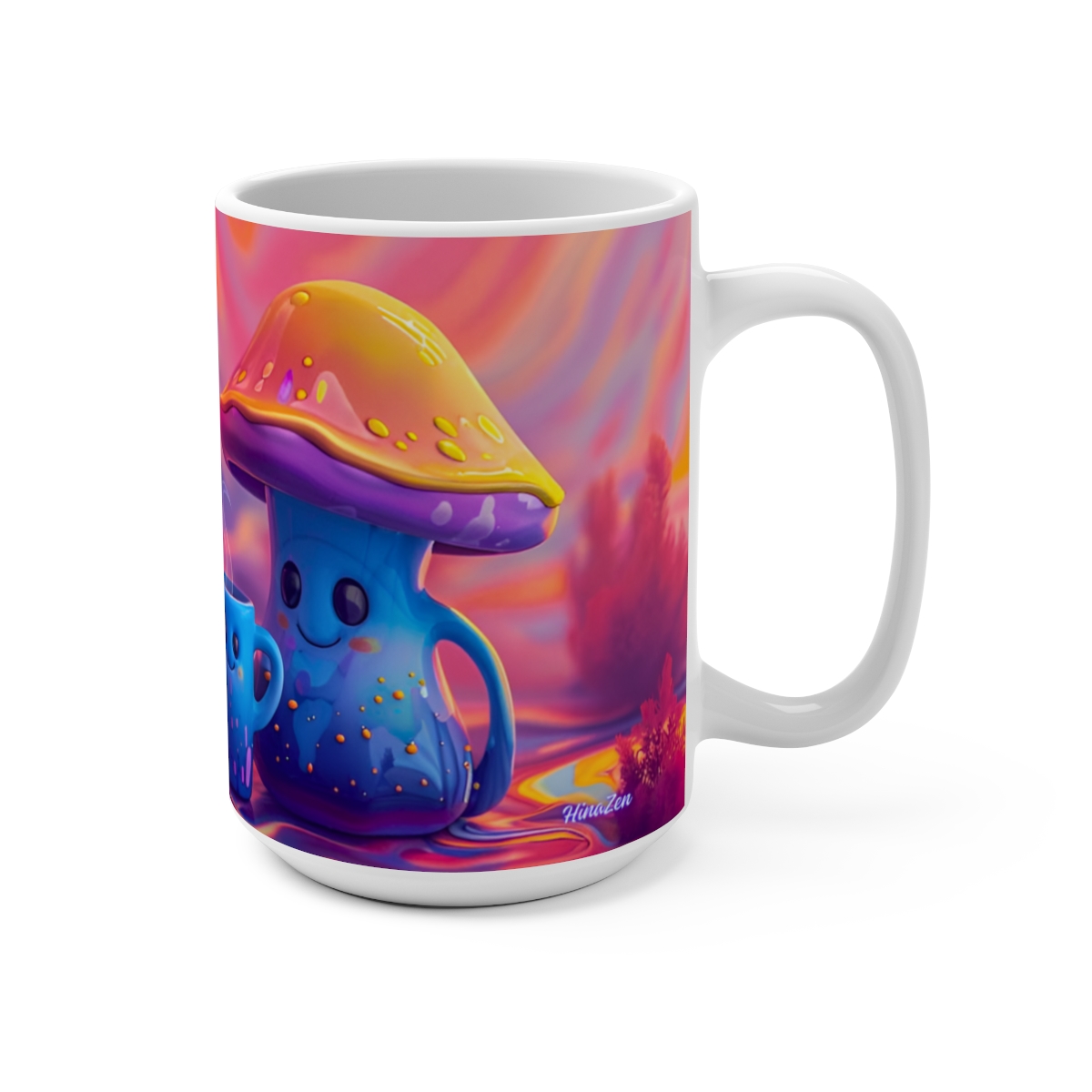 Happy Cartoon Mushrooms Trippy Large Ceramic Coffee Mug 15oz - Image 2