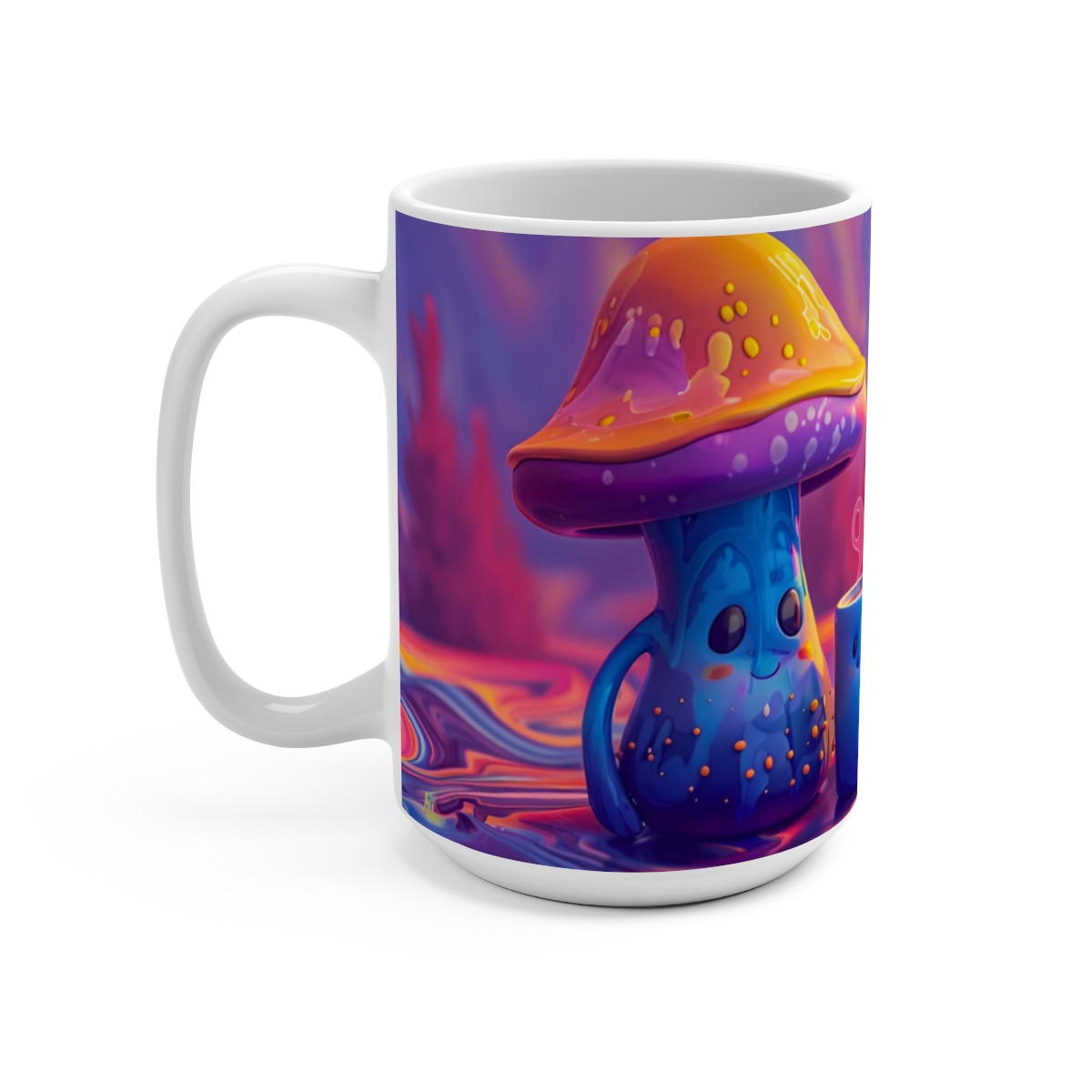 Happy Cartoon Mushrooms Trippy Large Ceramic Coffee Mug 15oz - Image 3