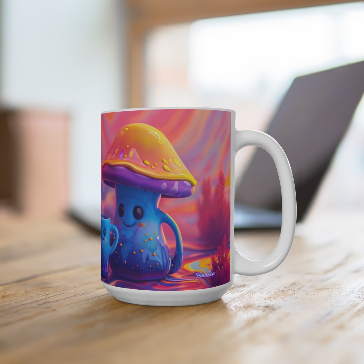 Happy Cartoon Mushrooms Trippy Large Ceramic Coffee Mug 15oz - Image 4