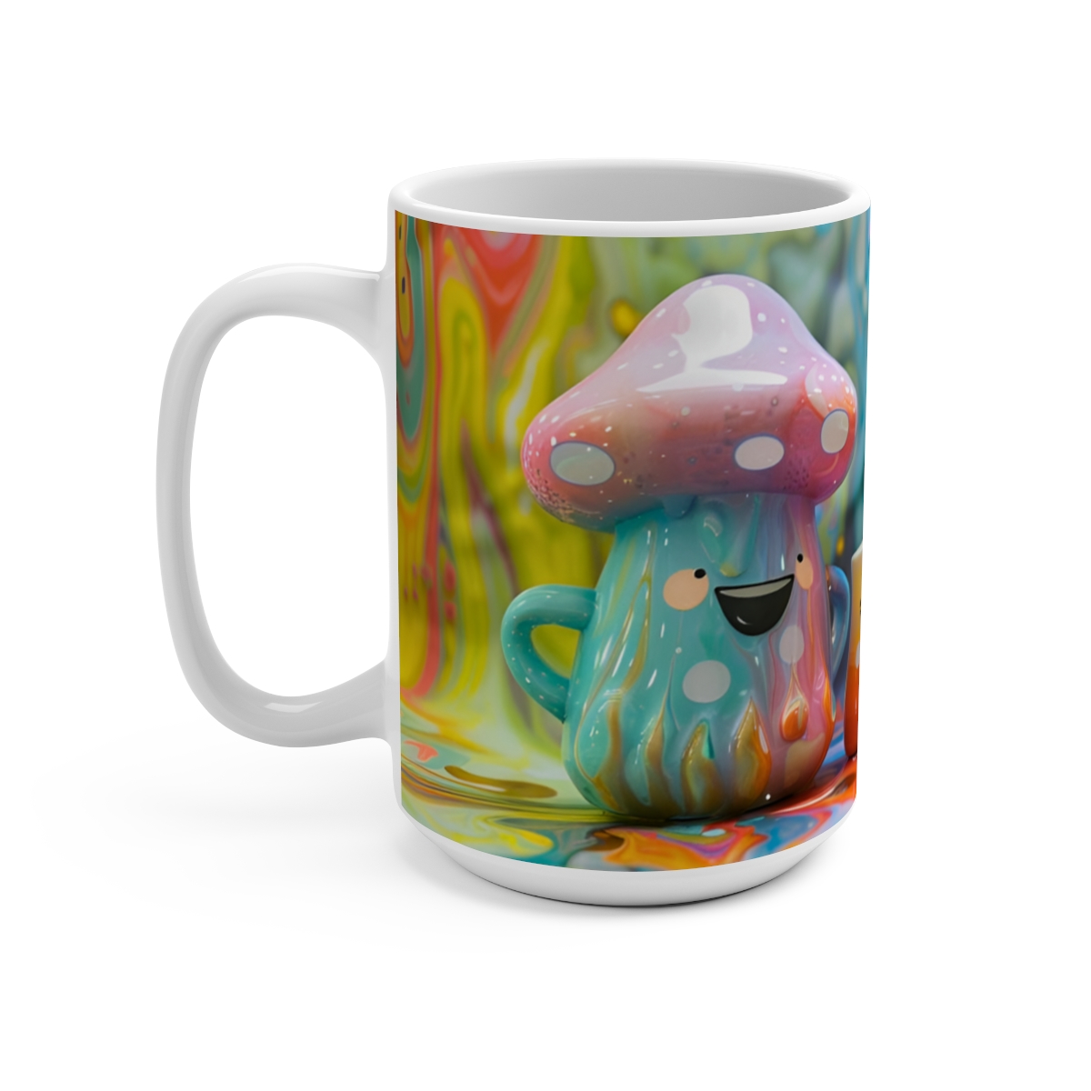 Happy Cartoon Mushrooms Trippy Large Ceramic Coffee Mug 15oz - Image 3