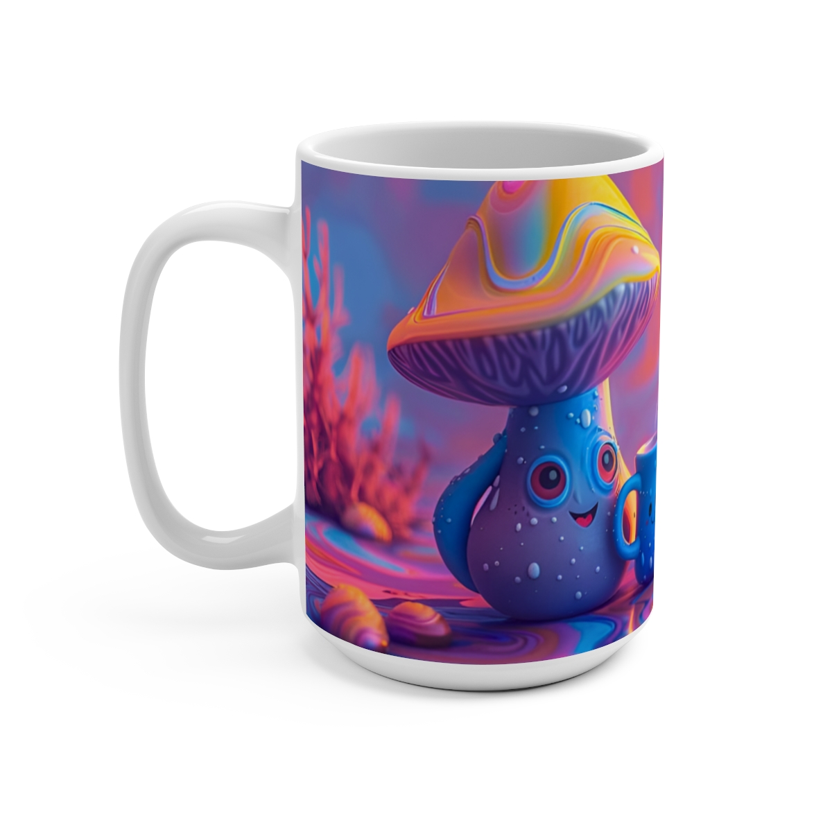 Happy Cartoon Mushrooms Trippy Large Ceramic Coffee Mug 15oz - Image 3