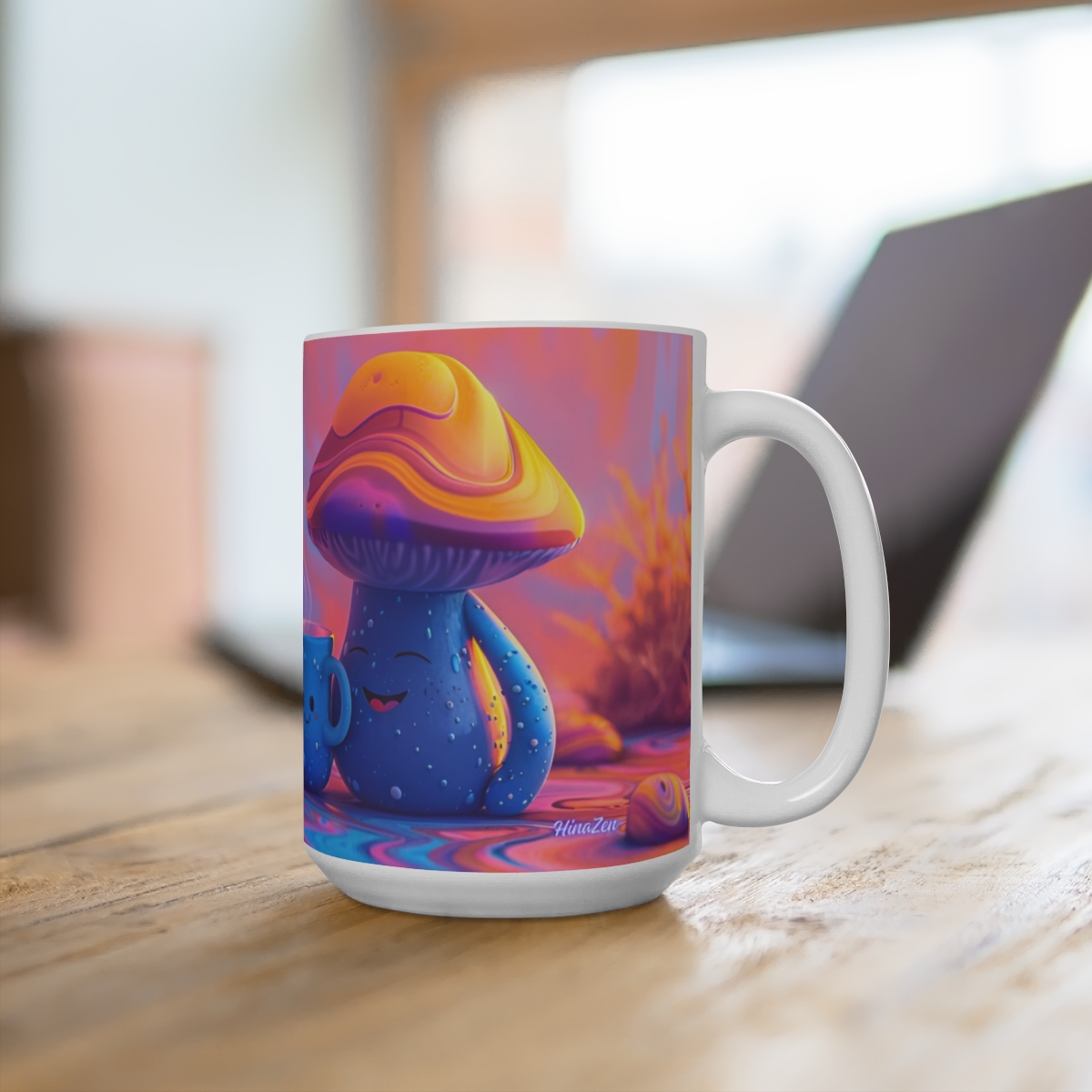 Happy Cartoon Mushrooms Trippy Large Ceramic Coffee Mug 15oz - Image 4