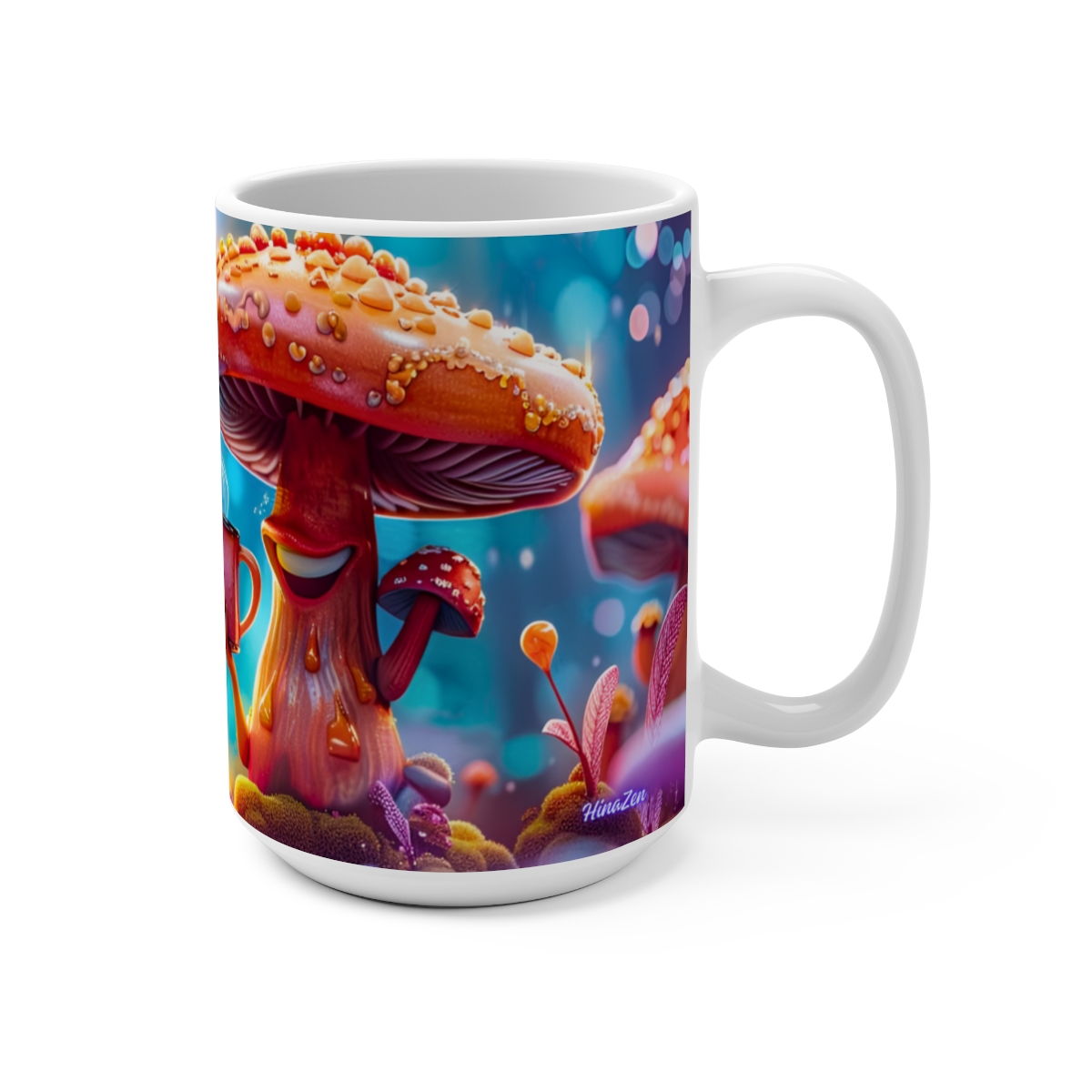 Happy Cartoon Mushrooms Trippy Large Ceramic Coffee Mug 15oz - Image 2