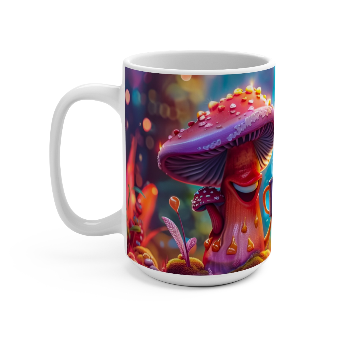 Happy Cartoon Mushrooms Trippy Large Ceramic Coffee Mug 15oz - Image 3