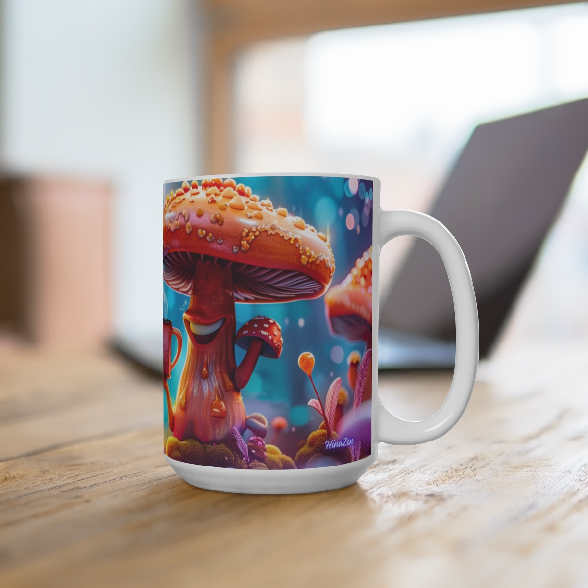Happy Cartoon Mushrooms Trippy Large Ceramic Coffee Mug 15oz - Image 4