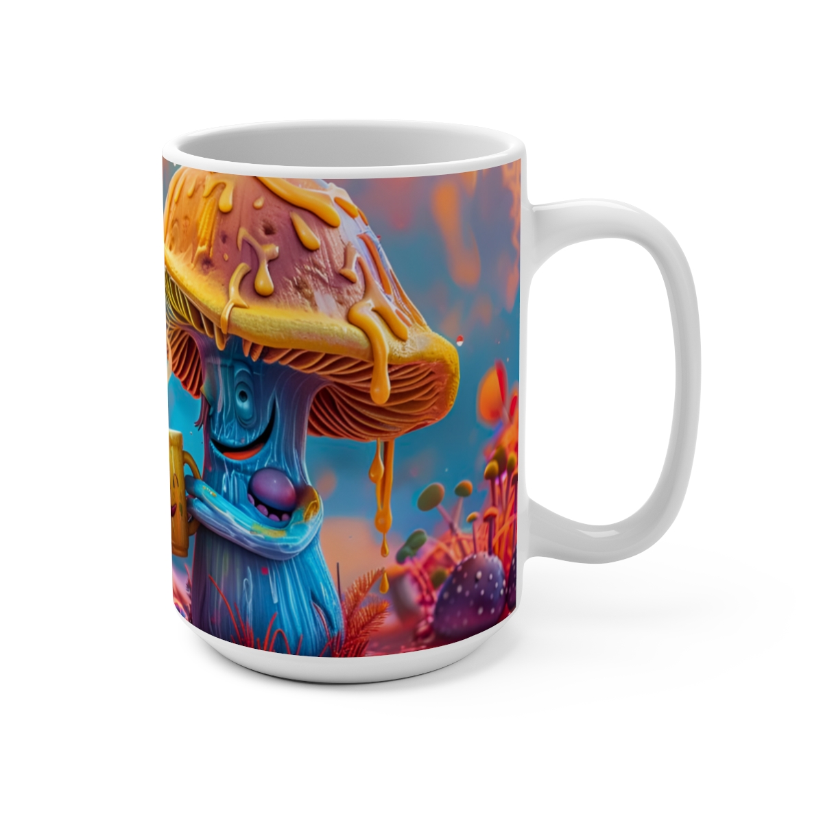 Happy Cartoon Mushrooms Trippy Large Ceramic Coffee Mug 15oz - Image 2