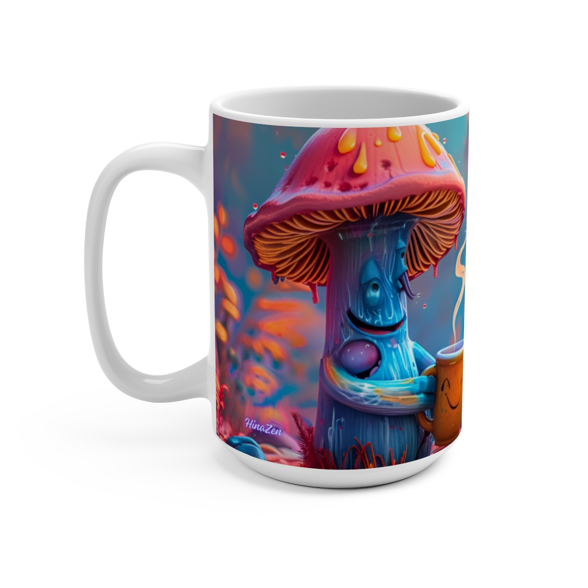 Happy Cartoon Mushrooms Trippy Large Ceramic Coffee Mug 15oz - Image 3