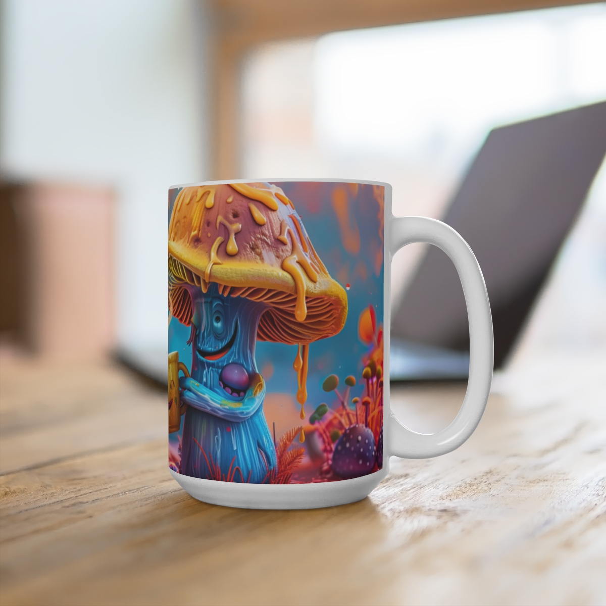 Happy Cartoon Mushrooms Trippy Large Ceramic Coffee Mug 15oz - Image 4