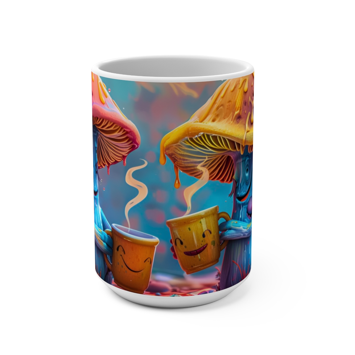Happy Cartoon Mushrooms Trippy Large Ceramic Coffee Mug 15oz