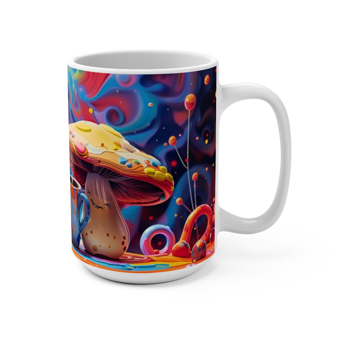 Happy Cartoon Mushrooms Trippy Large Ceramic Coffee Mug 15oz - Image 2