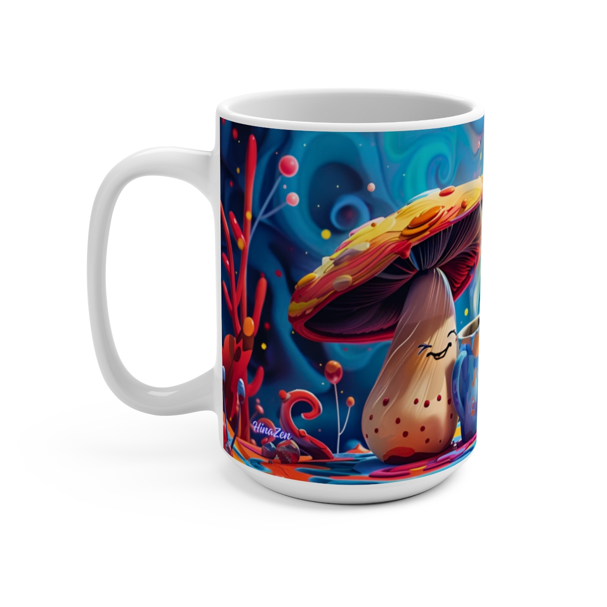 Happy Cartoon Mushrooms Trippy Large Ceramic Coffee Mug 15oz - Image 3