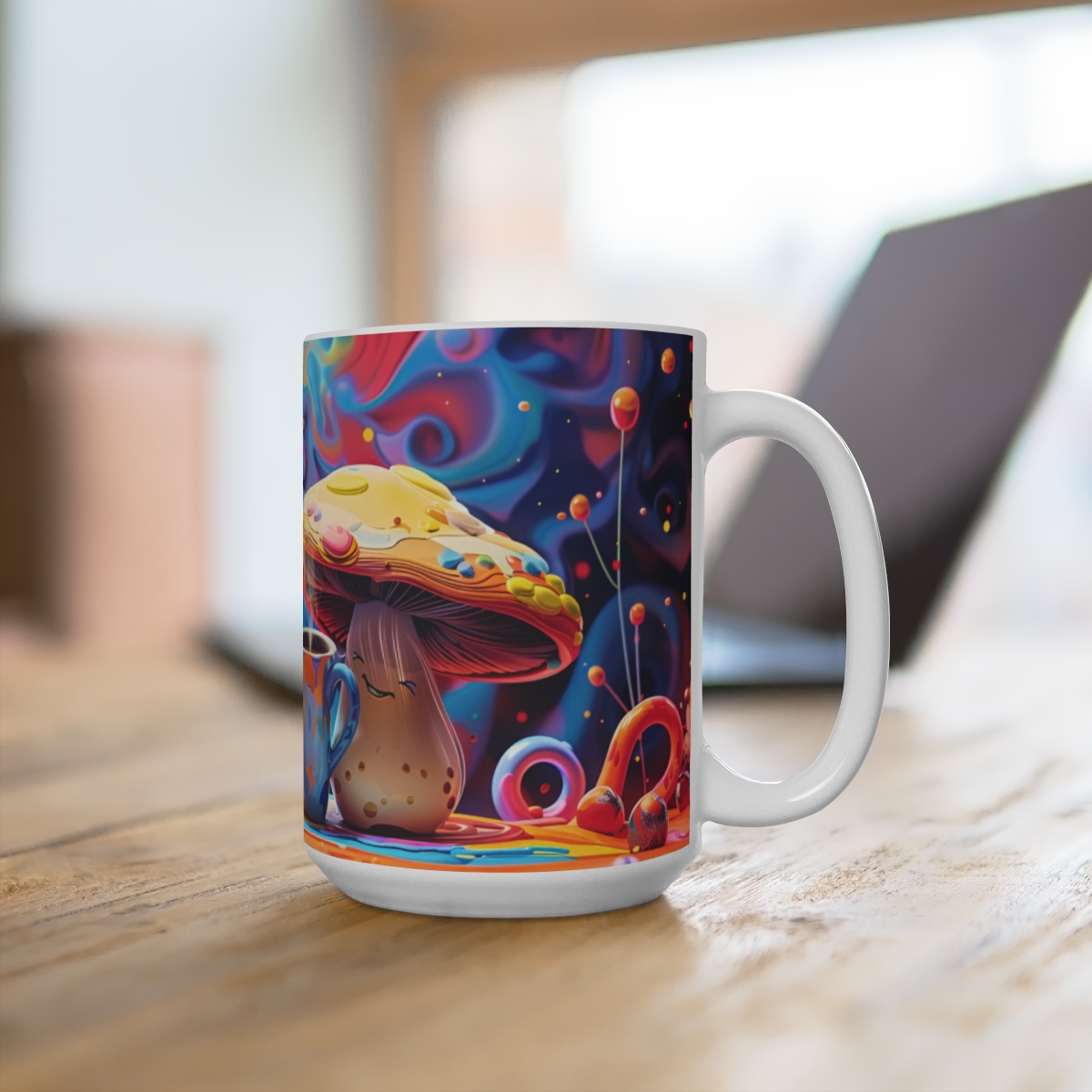 Happy Cartoon Mushrooms Trippy Large Ceramic Coffee Mug 15oz - Image 4