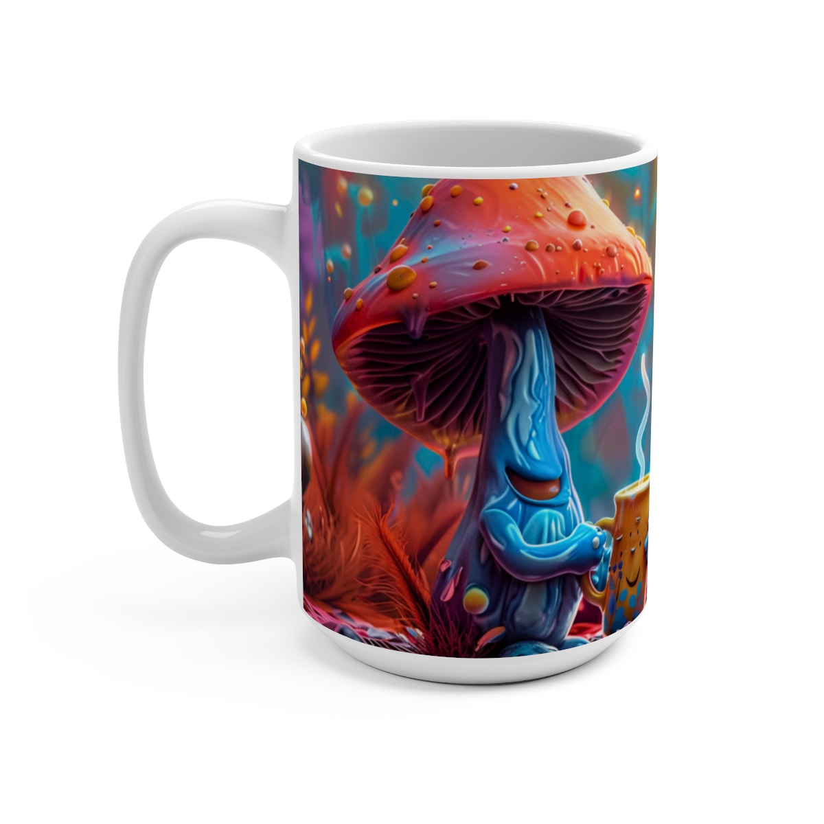 Happy Cartoon Mushrooms Trippy Large Ceramic Coffee Mug 15oz - Image 3