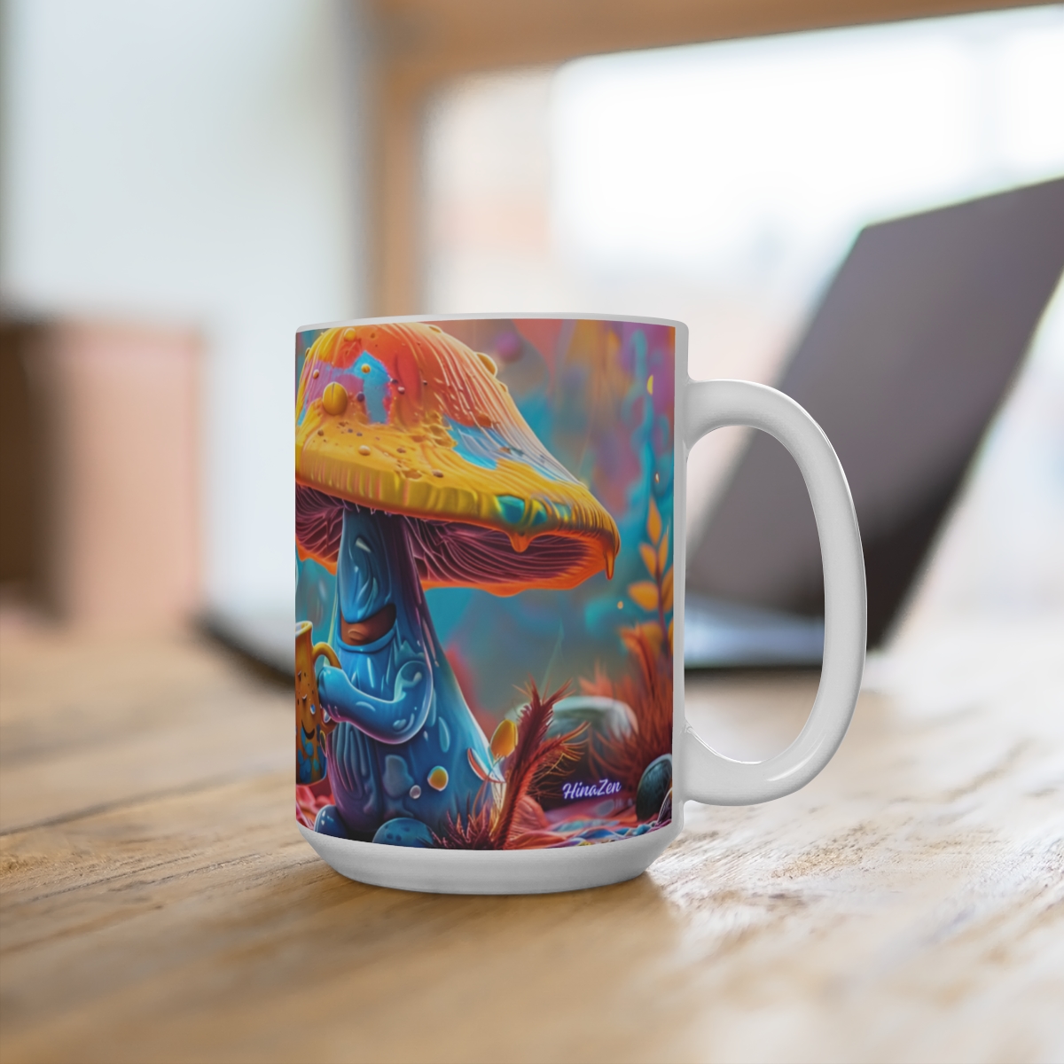 Happy Cartoon Mushrooms Trippy Large Ceramic Coffee Mug 15oz - Image 4