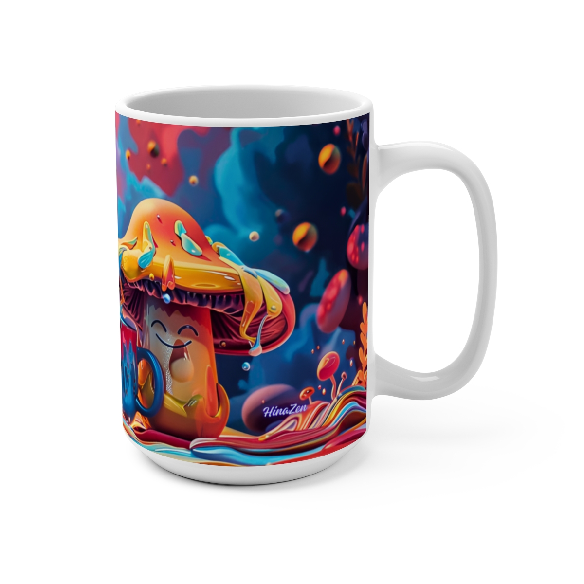 Happy Cartoon Mushrooms Trippy Large Ceramic Coffee Mug 15oz - Image 2