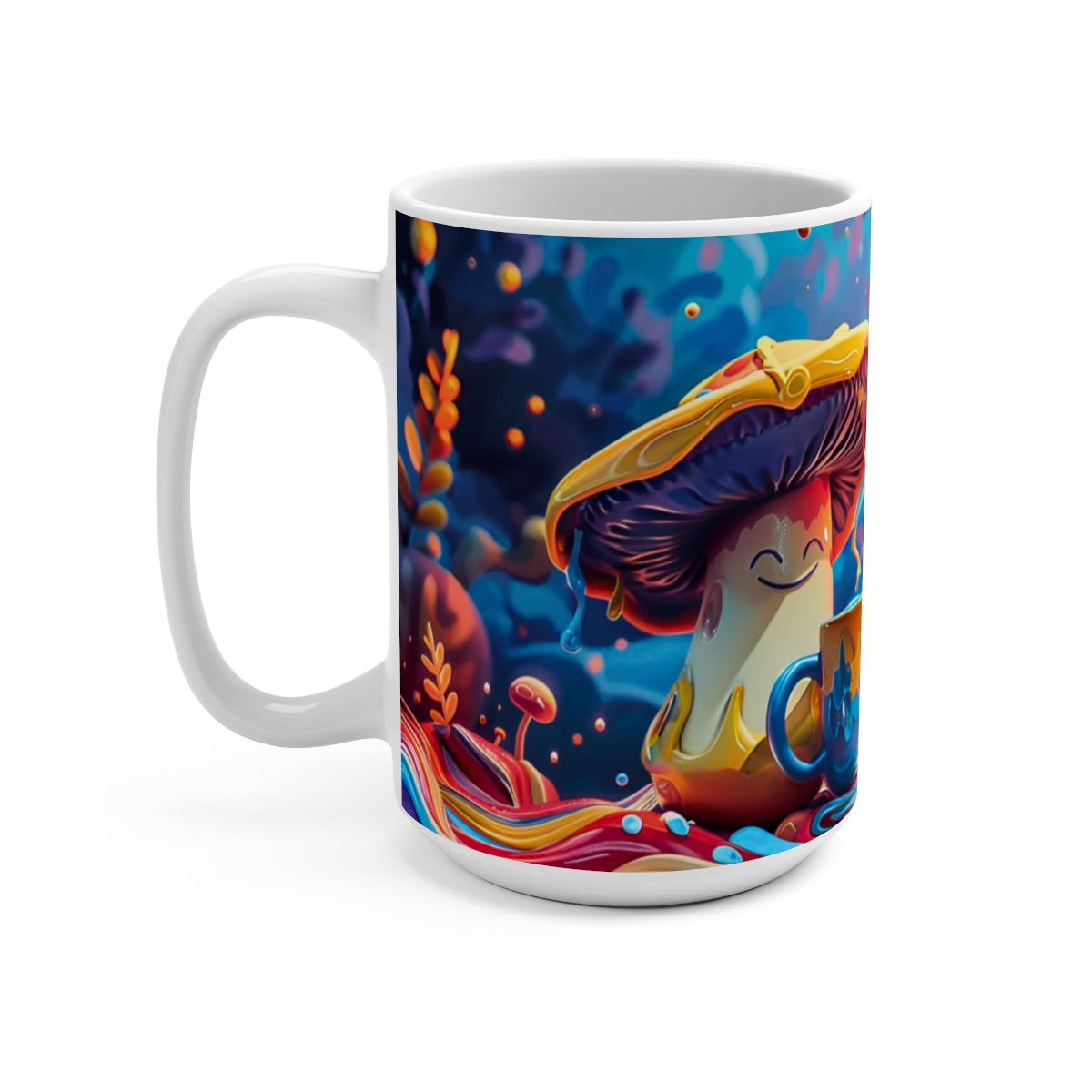 Happy Cartoon Mushrooms Trippy Large Ceramic Coffee Mug 15oz - Image 3