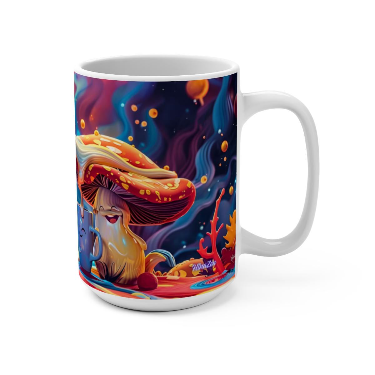 Happy Cartoon Mushrooms Trippy Large Ceramic Coffee Mug 15oz - Image 2