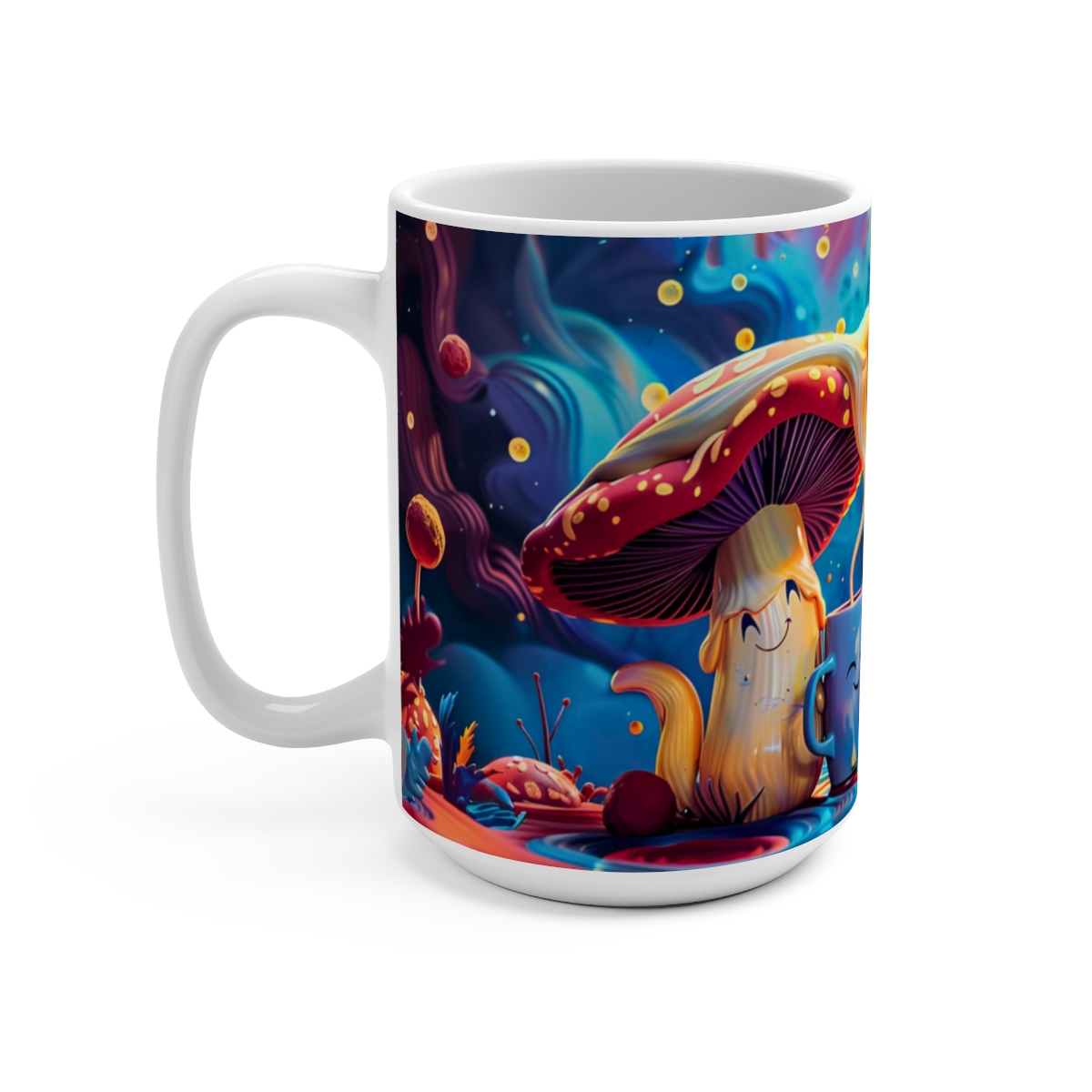 Happy Cartoon Mushrooms Trippy Large Ceramic Coffee Mug 15oz - Image 3